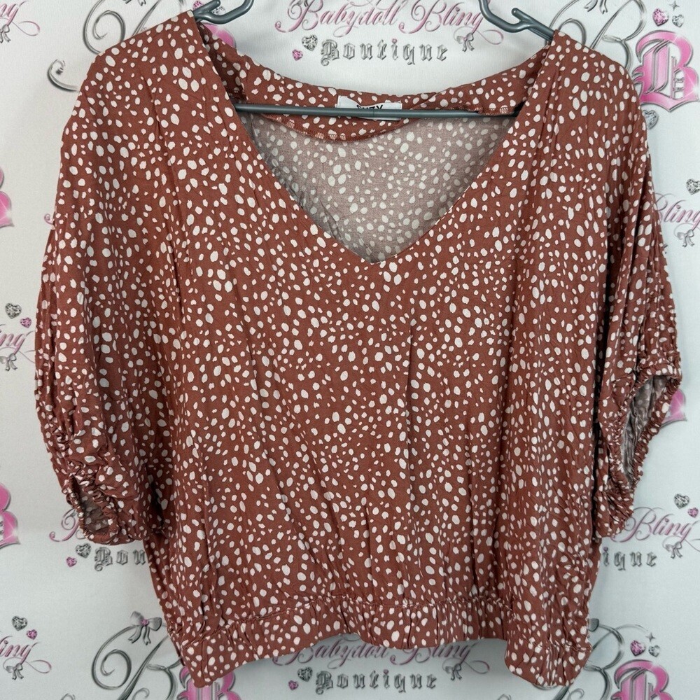 Suzy Sheir T-shirt top cropped orange dotted Women's Brown Polka Dot Top